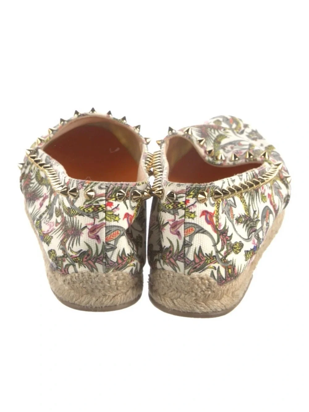 Christian Louboutin Printed Espadrille Flats Stud Trim White Floral Safari